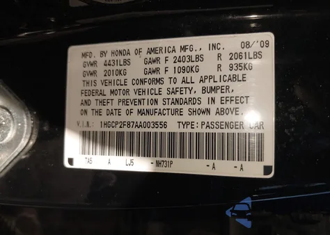 2010 Honda Accord 2.4 Ex-L from USA, damaged, VIN 1HGCP2F87AA003556